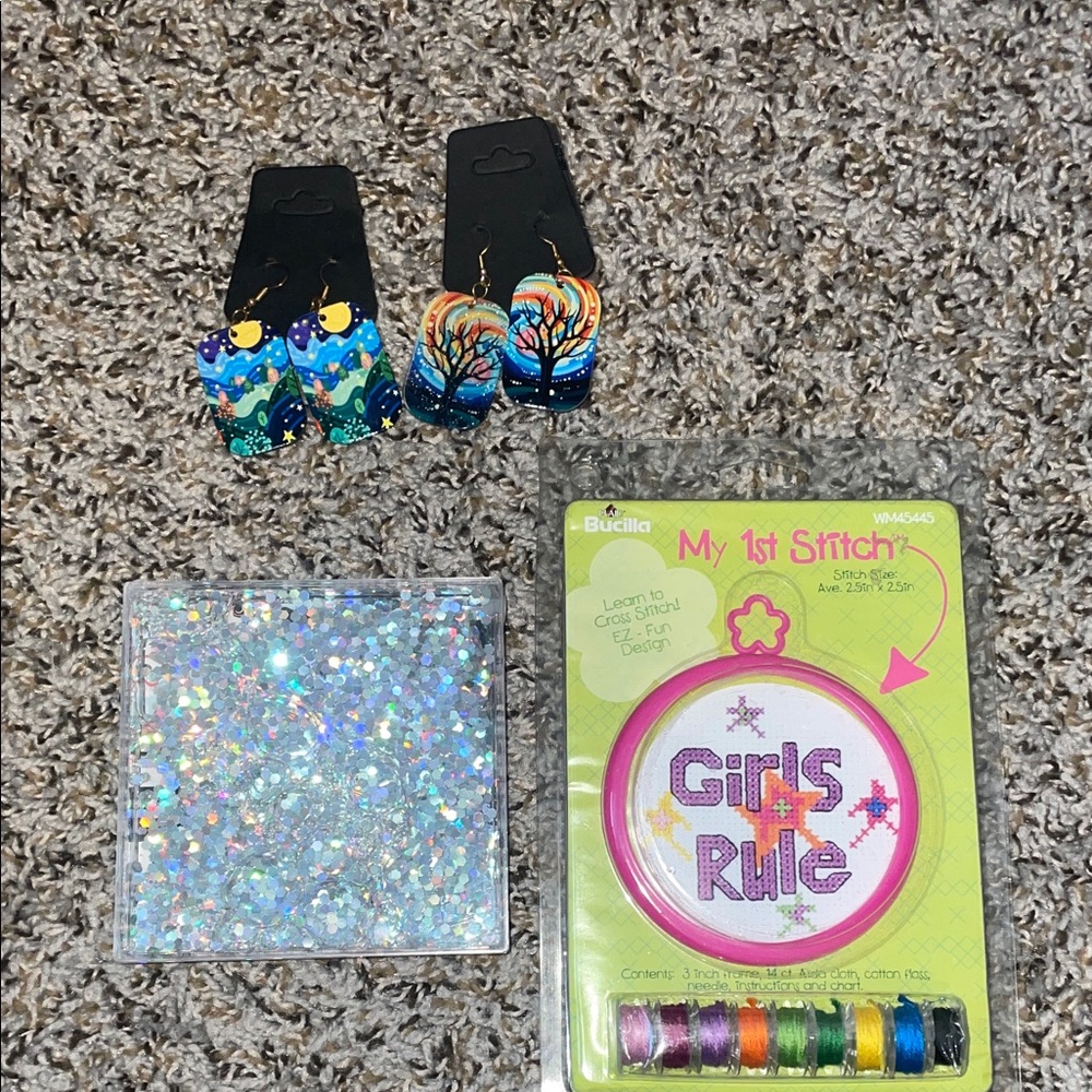 Colorful Earrings and Cross Stitch Kit and glitter picture frame